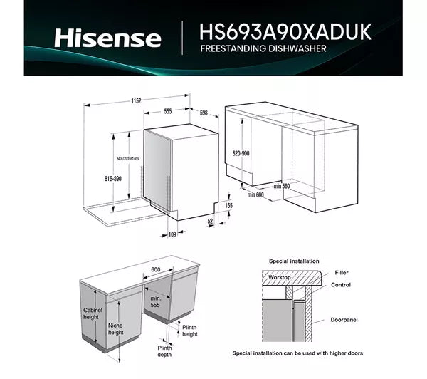 Hisense HS693A90XADUK Freestanding Dishwasher 60cm Steek REFURBISHED