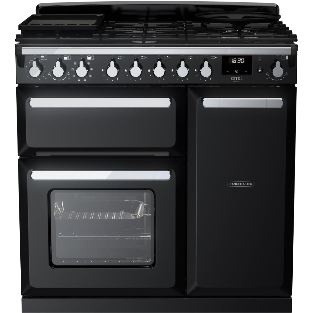 Rangemaster ESTEL DELUXE ESDL90DFPGBL/CM1 90cm Dual Fuel Range Cooker in Black and Stainless Steel GRADE A