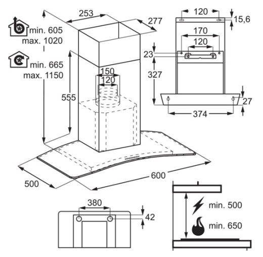 Electrolux LFL316A Cooker Hood 60cm Chimney Curved Glass Stainless Steel