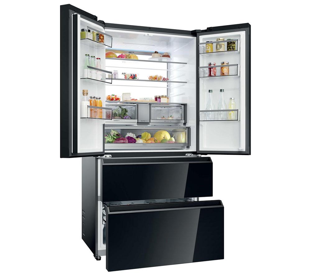 Haier HFR79F19DFGB 4 Door Fridge Freezer Obsidian Black Glass