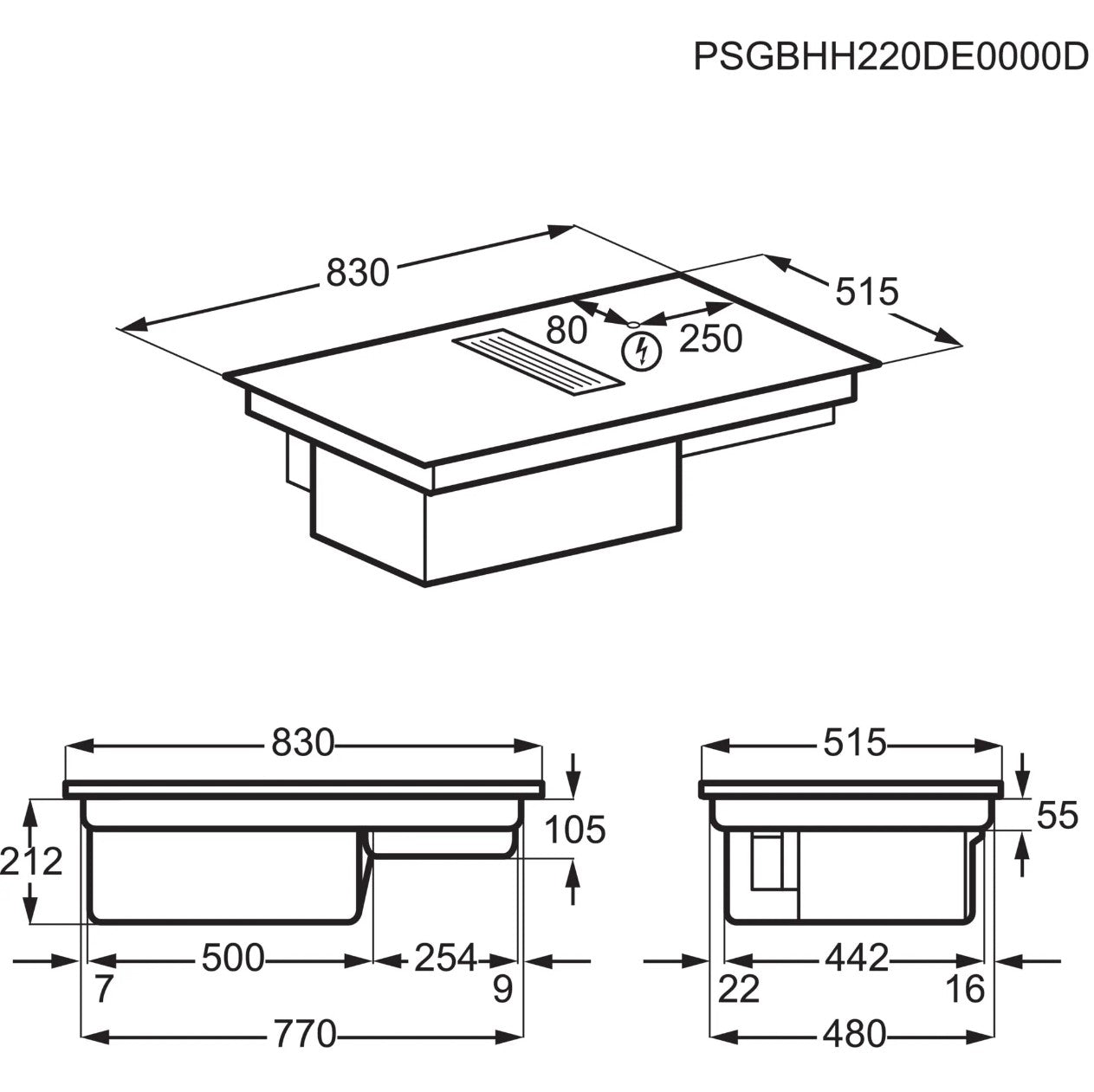 AEG CDE84751FB Induction Hob 83cm 4 Zone with Integrated Extractor Black