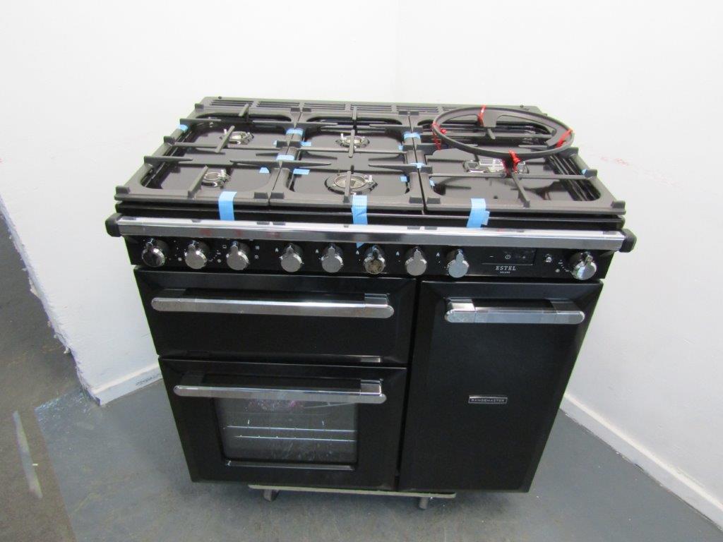 Rangemaster ESTEL DELUXE ESDL90DFPGBL/CM1 90cm Dual Fuel Range Cooker in Black and Stainless Steel GRADE A