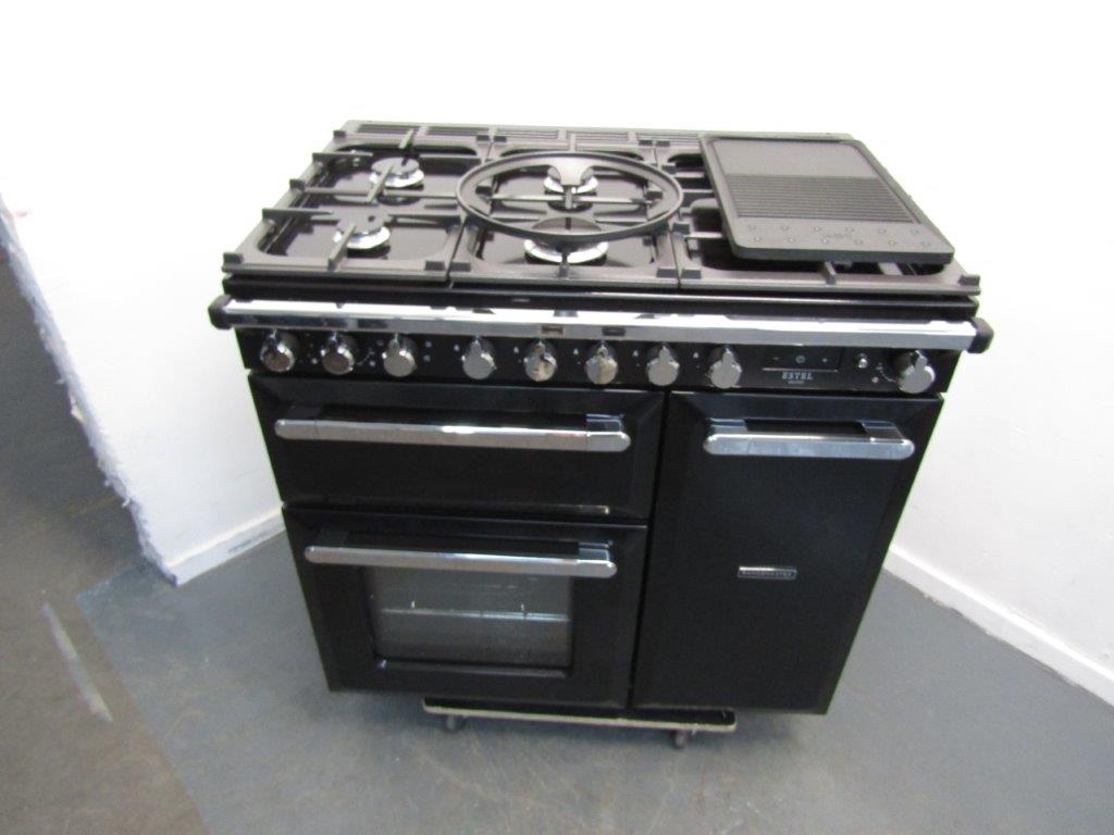 Rangemaster ESTEL DELUXE ESDL90DFPGBL/CM1 90cm Dual Fuel Range Cooker in Black and Stainless Steel GRADE B
