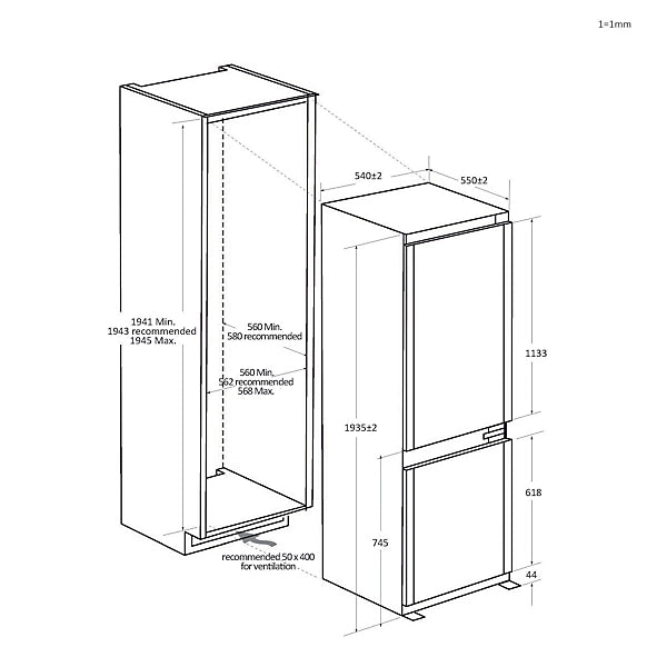 Haier HBQW5519EK Fridge Freezer Fully Integrated 70:30 Extra Height